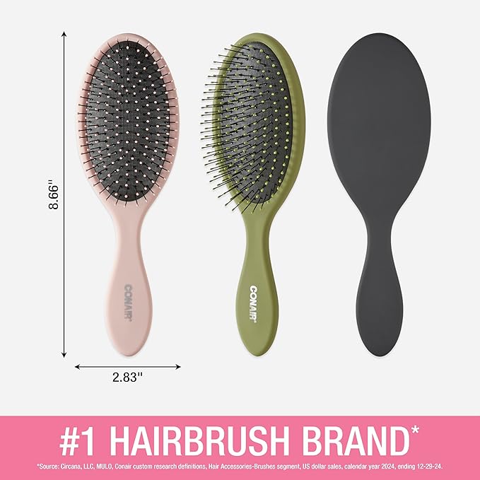 Conair Detangling Hair Brush Set, 3 count Detangler Brushes for Wet or Dry Hair, Gentle Detangler for All Types, Bristle Brushes for Women, Evergreen, Blush Pink, Black Assorted (Pack of 8)