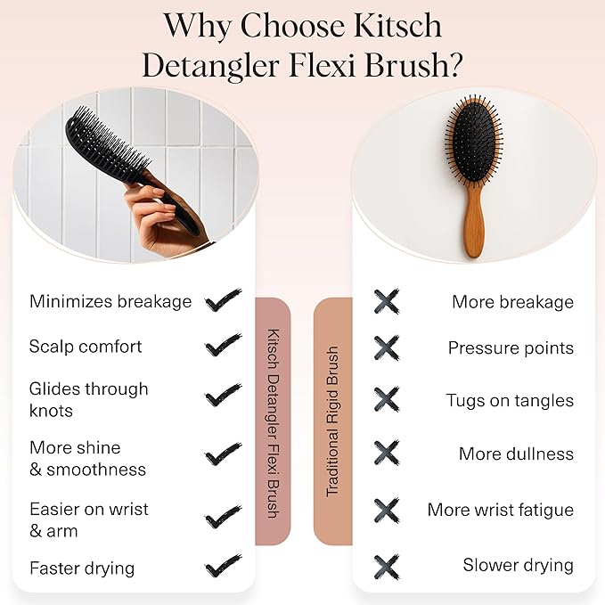 Kitsch Hair Brush Detangler – Flexi Flow Hair Brush for Women, Men & Kids | Detangling Brushes for Curly Hair with Bendable Frame, Bounce Curl Defining Brush for Wet or Dry Strands - Black