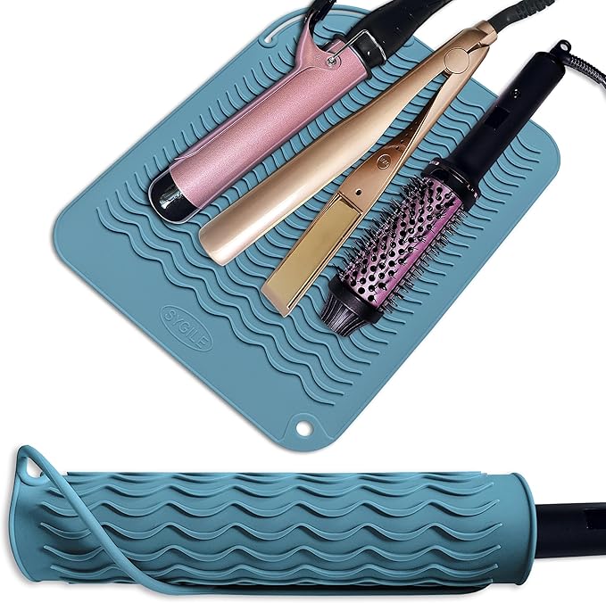 12" X 9" Large Heat Resistant Silicone Mat for Hair Styling Tools, Curling Iron Mat, Flat Iron Holder, Hair Straightener Pad, Makeup Mat, Hot Tools Mat for Travel Vanity Salon - Dusty Blue