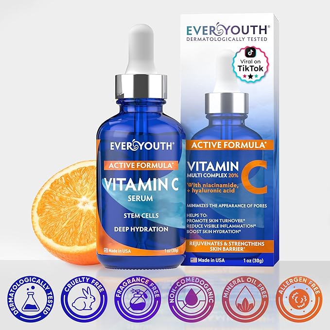 Vitamin C Serum for Face, Stem Cells, Niacinamide, Hyaluronic Acid & Vitamin E – Anti-Aging Retinol Facial Serum with Glycolic Acid & Retinal for Brightening, Hydrating & Firming Skin – Made in USA