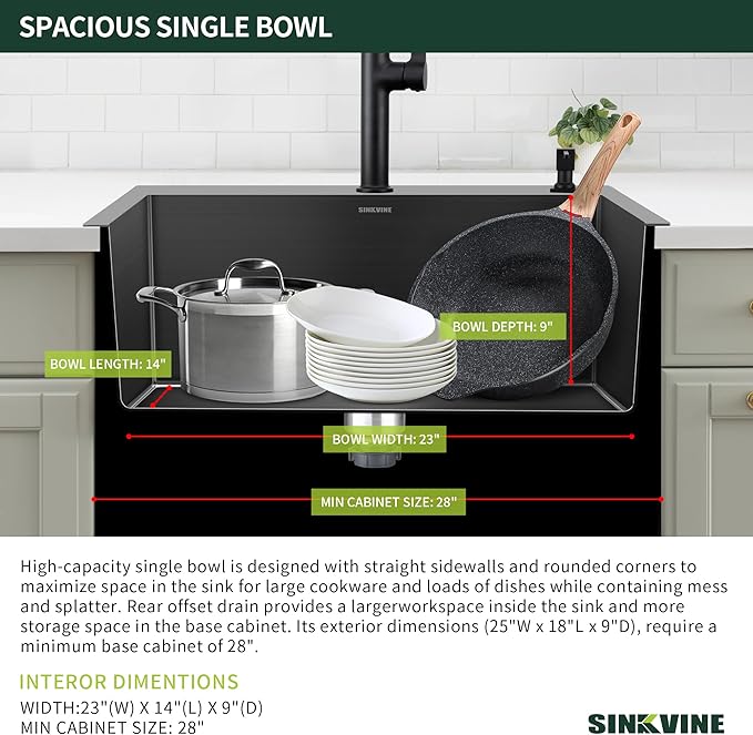 Black Kitchen Sink Drop-In 25 x 18 inch, SINKVINE PVD Nano Stainless Steel - Image 4
