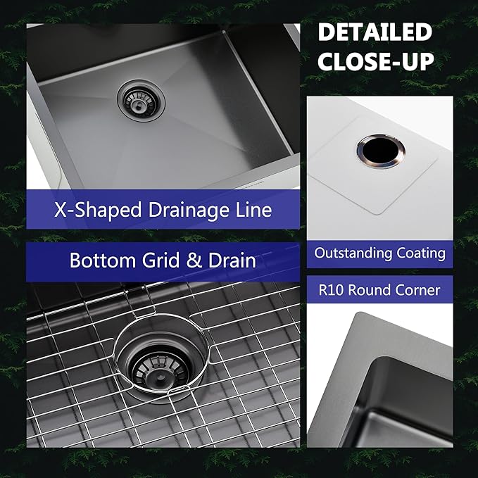 Comllen 25 x 22 Inch Drop In Black Kitchen Sink, Topmount 16 Gauge Stainless - Image 7