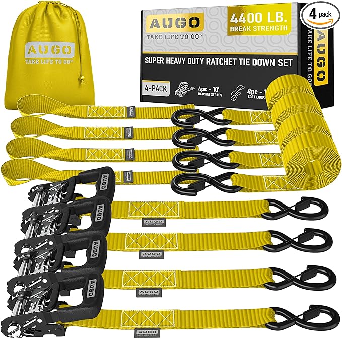 AUGO Heavy Duty Ratchet Straps & Soft Loops – Pack of 4 Extra Strong 1.5” by by AUGO