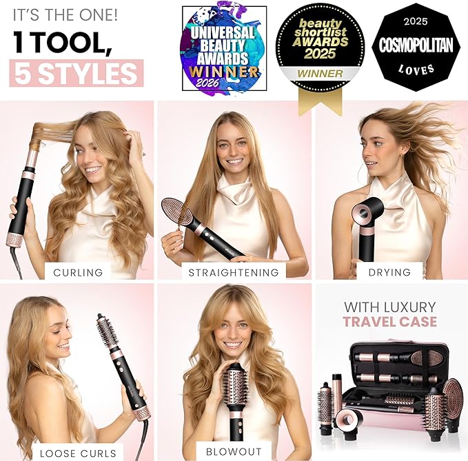 ELLA BELLA® 6 in 1 Professional Hot Air Styler • Powerful Hair Dryer & Straightener Set • Styling Without Heat Damage • Fast Drying Curling Volumizing Straightening • Includes Protective Travel Case