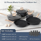 12 Pcs Pots and Pans Set, Nonstick Cookware Sets Black Granite Induction - Image 3