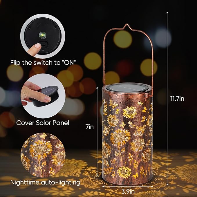 Homemory Sunflower Solar Lanterns Lights Outdoor Waterproof, Hollowed-Out Metal - Image 4