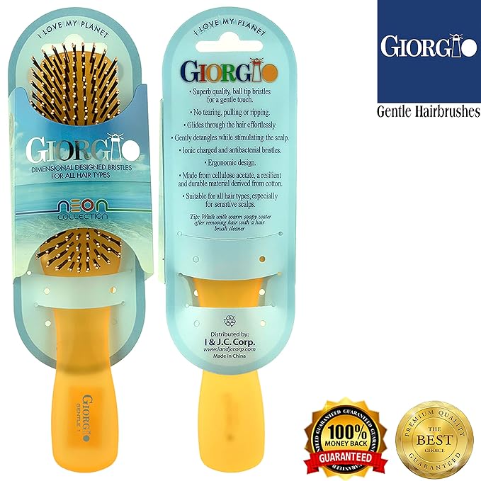 Giorgio GION1O Neon Orange 7.75 inch Gentle Touch Detangler Hair Brush for Men and Women. Soft Bristles for Sensitive Scalp. Wet and Dry for all Hair Types. Scalp Massager Brush Stimulate Hair Growth
