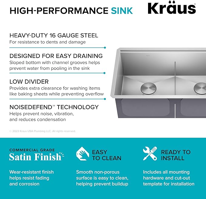 KRAUS Kore 33-Inch Undermount Workstation 16 Gauge Double Bowl Stainless Steel - Image 12