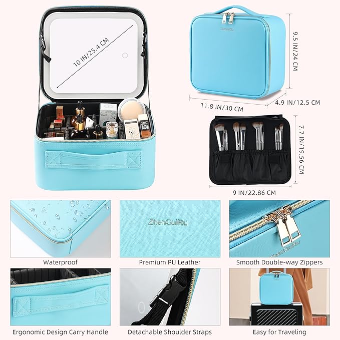 Travel Makeup Bag with LED Mirror – Waterproof Cosmetic Train Case with - Image 3