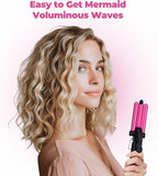 Farery Mini 3 Barrel Hair Waver - Portable Beach Wave Curling Iron for Short Hair, 1/2 Inch Ceramic Crimper with 3 Temp Settings & 30s Fast Heating, Dual Voltage Travel Hair Waver for Women, Pouch Bag