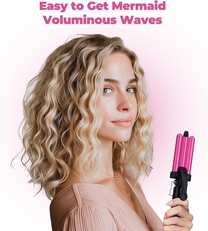 Farery Mini 3 Barrel Hair Waver - Portable Beach Wave Curling Iron for Short Hair, 1/2 Inch Ceramic Crimper with 3 Temp Settings & 30s Fast Heating, Dual Voltage Travel Hair Waver for Women, Pouch Bag