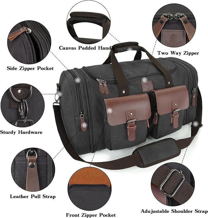 Canvas Duffle Bag for Men 50L Travel Duffel Bags Expandable Genuine Leather - Image 3