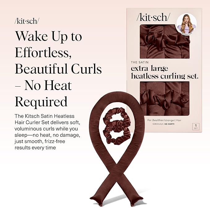 Kitsch XL Satin Heatless Hair Curler Set - Heatless Curls for an Overnight Blowout, Comfortable Hair Curlers to Sleep In for Frizz-Free, No Heat Damage Styling, Jumbo Curling Rod Headband - Chocolate