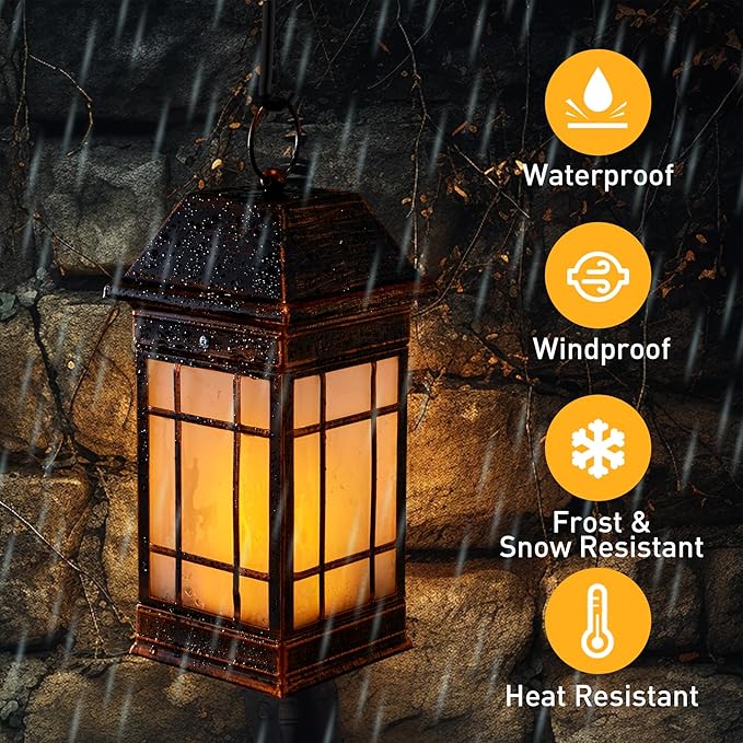 14" Solar Lantern Outdoor Waterproof, Glass Flickering Flame Solar Lanterns - Image 6