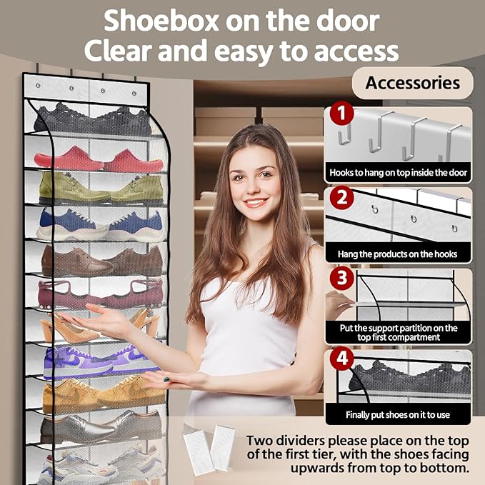 12 Pocket Over the Door Shoe Organizer, Reusable Breathable Large Mesh Bag - Image 4