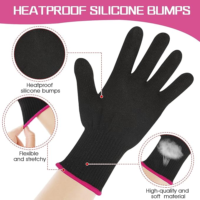 2 Pair Heat Resistant Gloves for Hair Styling Professional Hot Hand Gloves Heat Protection Flat Iron Gloves Pink Edge Heat Press Sublimation Gloves for Women Curling Wand Styling Tool