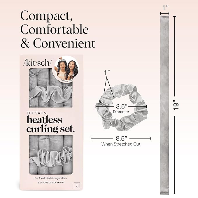 Kitsch Satin Heatless Curlers Set – Heatless Curls Overnight with 34" Hair Curler & 2 Satin Scrunchies, Comfortable No Heat Hair Curlers to Sleep In for Frizz-Free & Non-Damage Styling - Silver