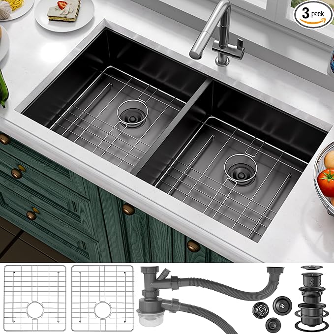 33 Inch Undermount Kitchen Sink Stainless Steel, 33x19 Double Bowl Kitchen by VALONDINO