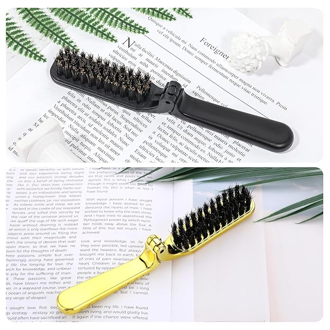Foldable Boar Bristle Hair Brush, 2 Pcs Travel Folding Collapsable Pocket Size Brush for Women, Anti-Static Range Styling Tool Mini Beard Brush for Men (Black & Gold)