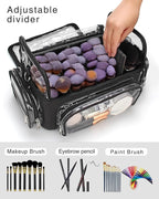 Makeup Brush Bag, Makeup Brush Case for Makeup Artist with Plastic Dividers Washable, Portable Travel Makeup Train Case with Clear Waterproof Cover for Easy to Clean and Find with Adjustable Strap