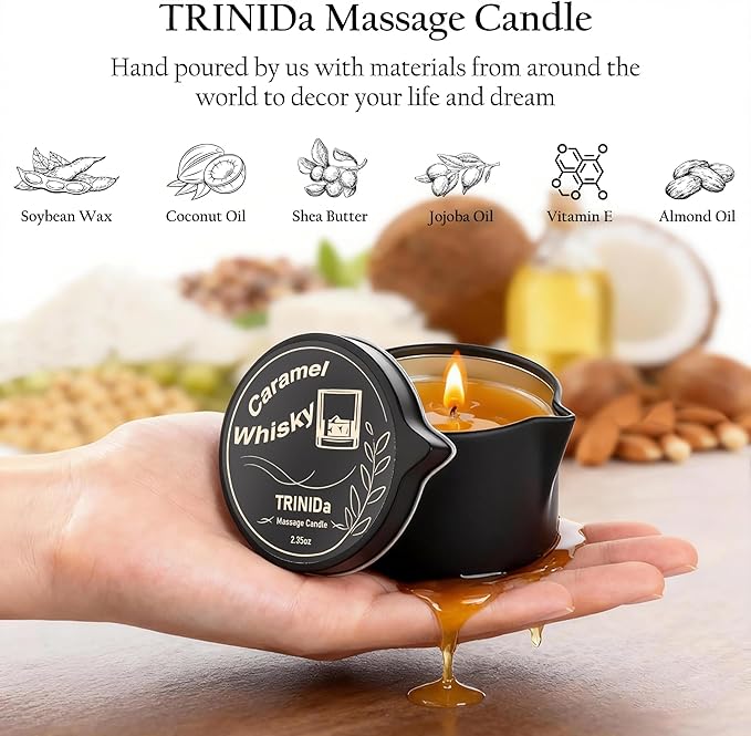 TRINIDa Low Temperature Massage Oil Candle 2.35oz - Soy Wax & Coconut Oil Blend, Moisturizes Skin,Stress Relief, Couples Massage & Home SPA, Romantic Gift Massage Scented Candle (Caramel Whiskey)