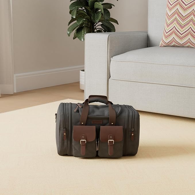 Wildroad 50L Travel Duffel Bag, Expandable Canvas Genuine Leather Duffle Bag - Image 2