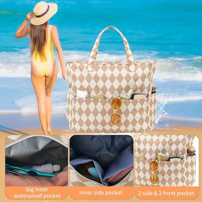 LEDAOU Large Beach Tote Bag Women Waterproof Sandproof Zipper Beach Tote Bag - Image 6