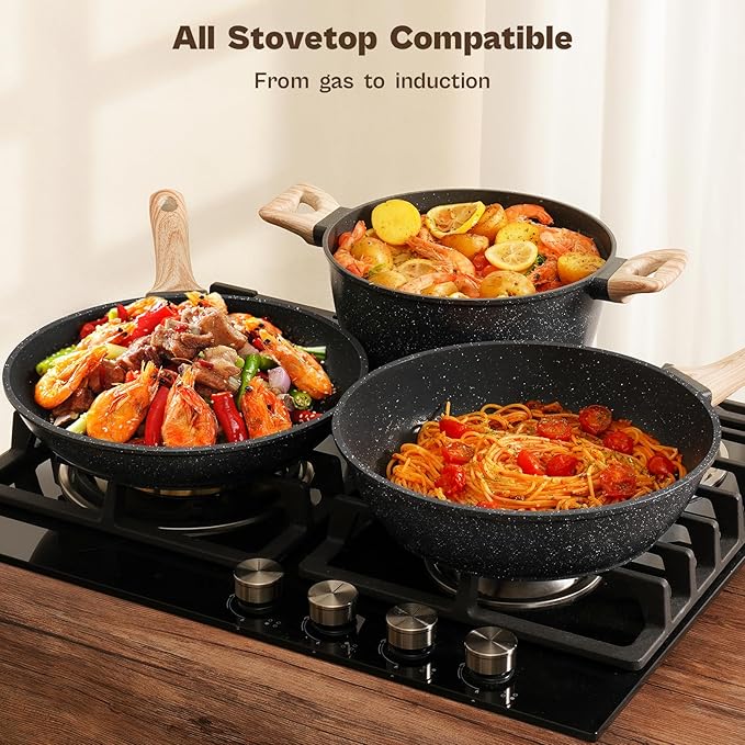 13 Pcs Pots and Pans Set, Nonstick Cookware Sets Black Granite Induction - Image 4