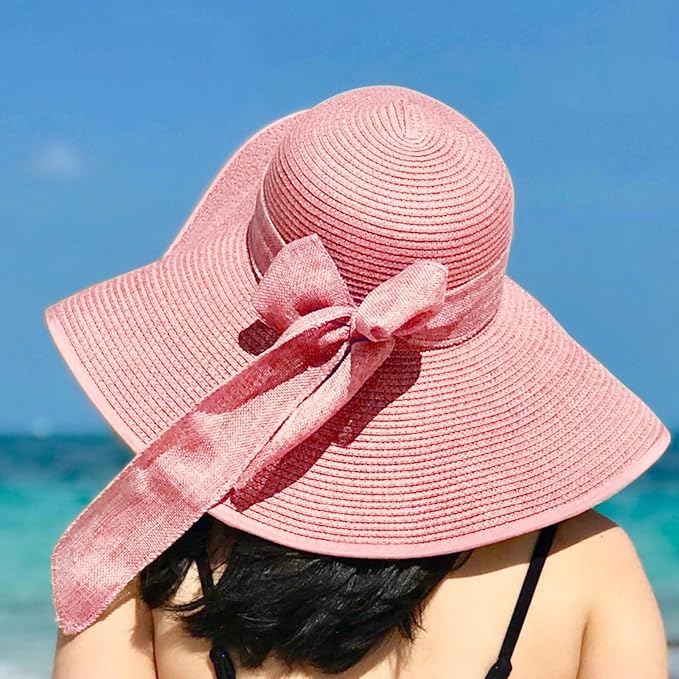 DRESHOW Beach Hats for Women Big Straw Wide Brim Summer Hat Floppy Foldable - Image 2