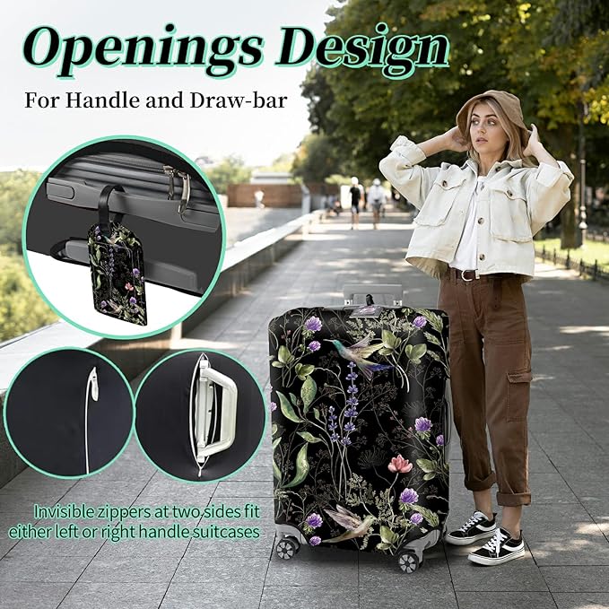 Suitcase Protector Plus 1 Luggage Tag, Wild Flowers Hummingbird Travel Suitcase - Image 4