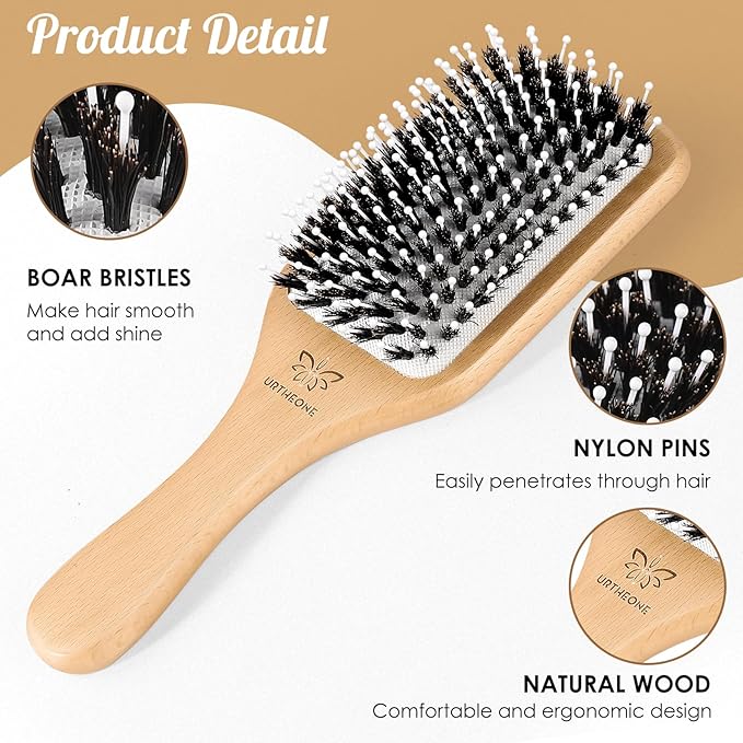 URTHEONE Hair Brush,Boar Bristle Hair Brushes and Styling Comb Set for Women Men Kids, Best Natural Wooden Paddle Hairbrush for Wet or Dry Hair Detangling Smoothing Massaging