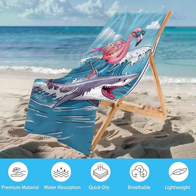 WZOMT Microfiber Flamingo Beach Towel Oversized, Funny Flamingo Riding A Shark - Image 2