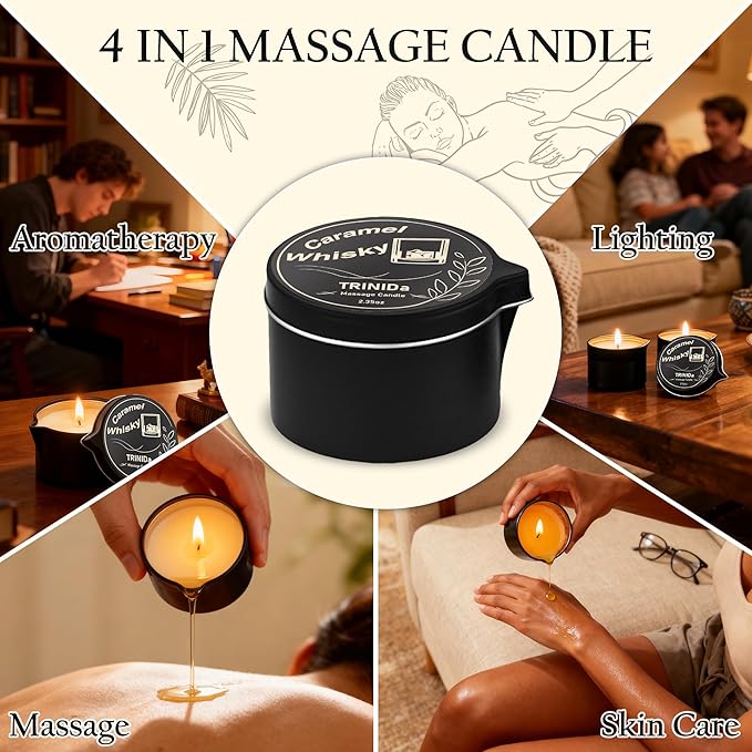 TRINIDa Low Temperature Massage Oil Candle 2.35oz - Soy Wax & Coconut Oil Blend, Moisturizes Skin,Stress Relief, Couples Massage & Home SPA, Romantic Gift Massage Scented Candle (Caramel Whiskey)