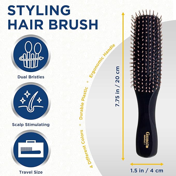 Giorgio GIO1-2BLK Black Set of 2 Gentle Touch Detangler Hair Brush for Men Women and Kids. Soft Bristles for Sensitive Scalp. Wet and Dry for all Hair Types. Scalp Massager Brush Stimulate Hair Growth