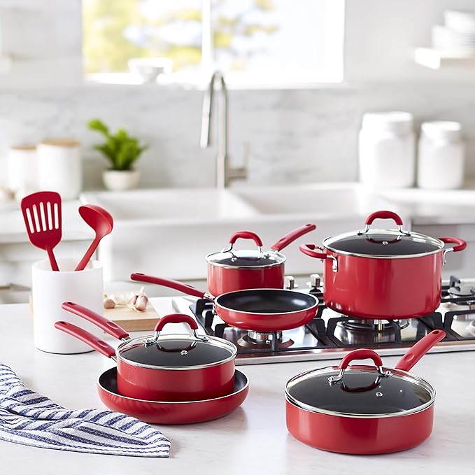 Amazon Basics Aluminum NS 12pc Red cookware set, 12 piece - Image 7