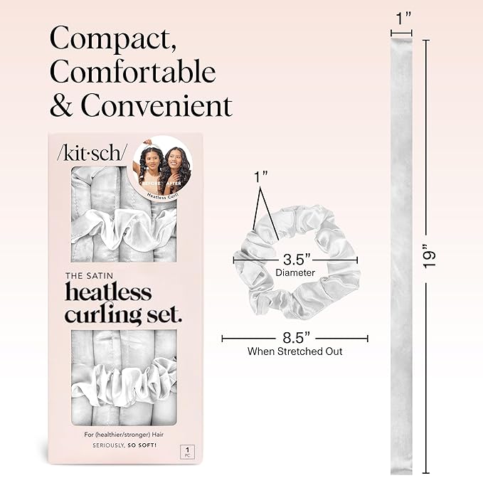 Kitsch Satin Heatless Curlers Set – Heatless Curls Overnight with 34" Hair Curler & 2 Satin Scrunchies, Comfortable No Heat Hair Curlers to Sleep In for Frizz-Free & Non-Damage Styling - Ivory