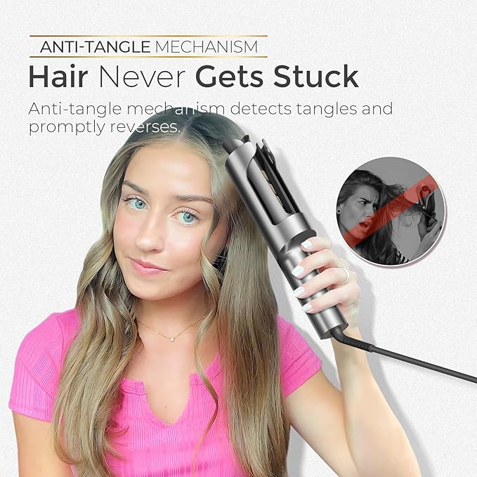 TYMO CurlPro Plus Automatic Rotating Curling Iron - Upgraded Long Barrel Curling Wand for Long Hair, Ceramic Hair Curler for Women, Anti-Scald, Tangle-Free, 600M Ionic, Dual Voltage, Grey, 1 Inch