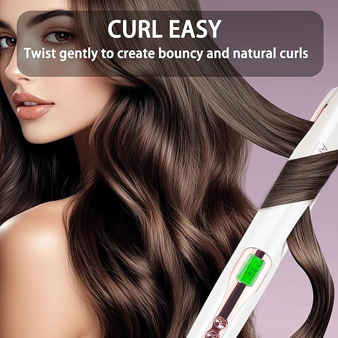 ANGENIL Pro Tourmaline Ceramic Twist Hair Straightener, Dual Voltage Flat Iron Curling Iron in One, Round Flat Iron with Silicone Heat Resistant Mat, LCD Display, 11 Adjustable Temp, 20S Fast Heating