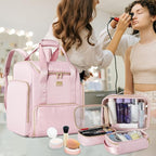 Large Makeup Backpack with 3 Clear Makeup Bags, Double Layers Professional Makeup Travel Case with Brushes Storage Section for Makeup Artists