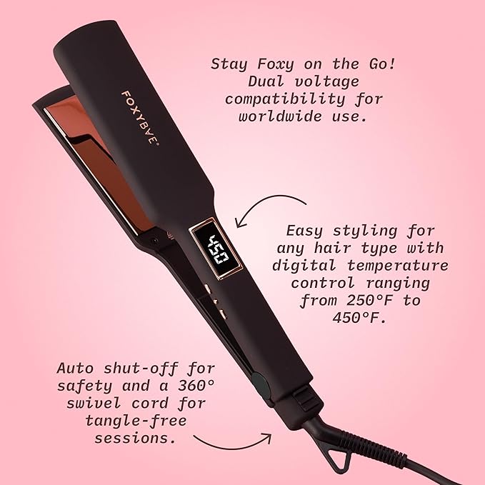 FoxyBae Flat Iron Hair Straightener - TRÉS Sleek 1.75" Wide Plate Titanium Flat-Iron - Dual Voltage Portable Professional Hair Straightener - Hot Tools - Locks Moisture & Shine [Black Rose-Gold]