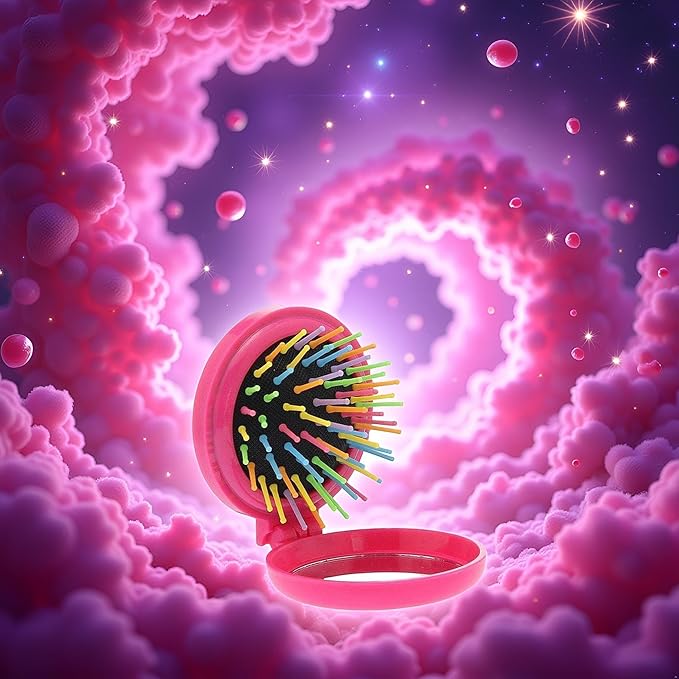 Pink Women Mini Round Folding Comb With Mirror Compact Travel Hairbrush Pop Up Brush Decor Candy-Colored Clamshell Airbag Comb Hair Brushes Styling Tools Appliances