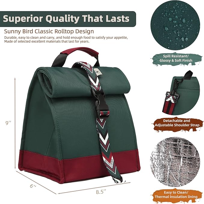 SUNNY BIRD Insulated Lunch Bag Rolltop Lunch Box Tote Bag - Image 6