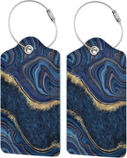 2PC Dark Blue Marble Luggage Tags Leather Suitcase Tag Privacy Name ID Card by OUZPGAQ