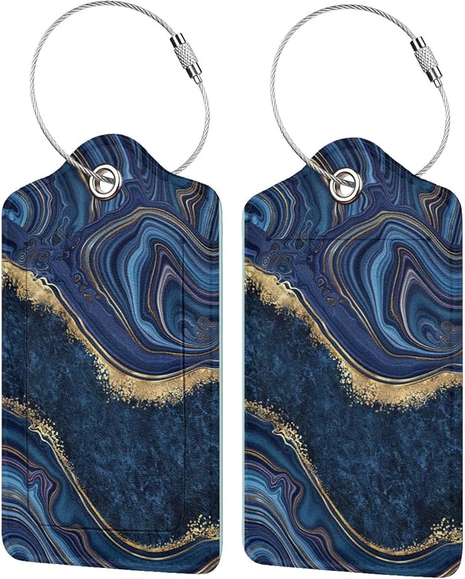 2PC Dark Blue Marble Luggage Tags Leather Suitcase Tag Privacy Name ID Card by OUZPGAQ