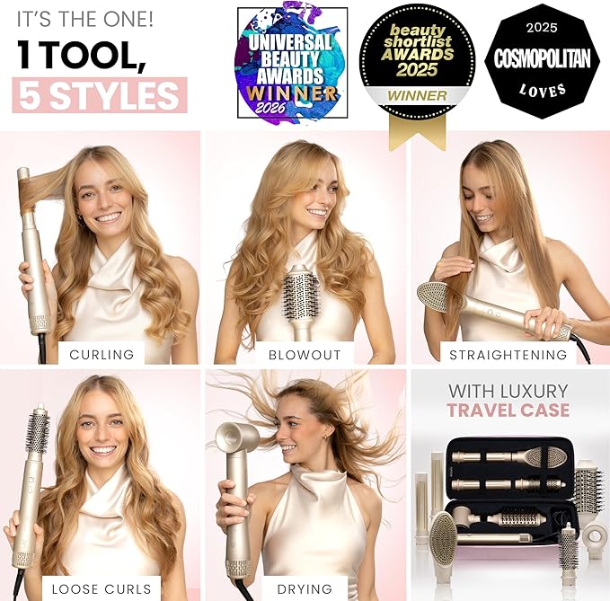 ELLA BELLA® 6 in 1 Professional Hot Air Styler • Powerful Hair Dryer & Straightener Set • Styling Without Heat Damage • Fast Drying Curling Volumizing Straightening • Includes Protective Travel Case