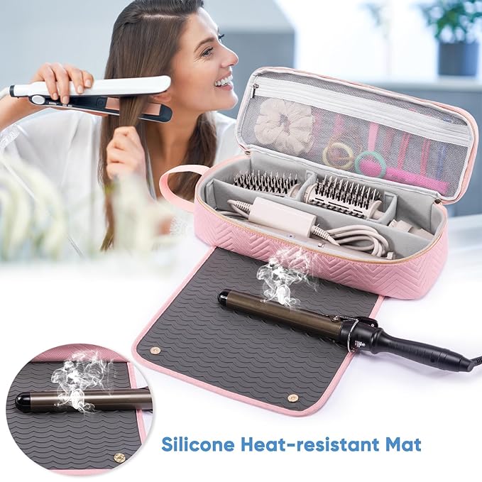 2IN1 Hair Tools Travel Bag with Heat Resistant Mat for Shark Flexstyle, Flat Irons, Straighteners, Curling Iron, Hair Dryer Case Compatible with Revlon One-Step Hair Dryer, Hair Essentials