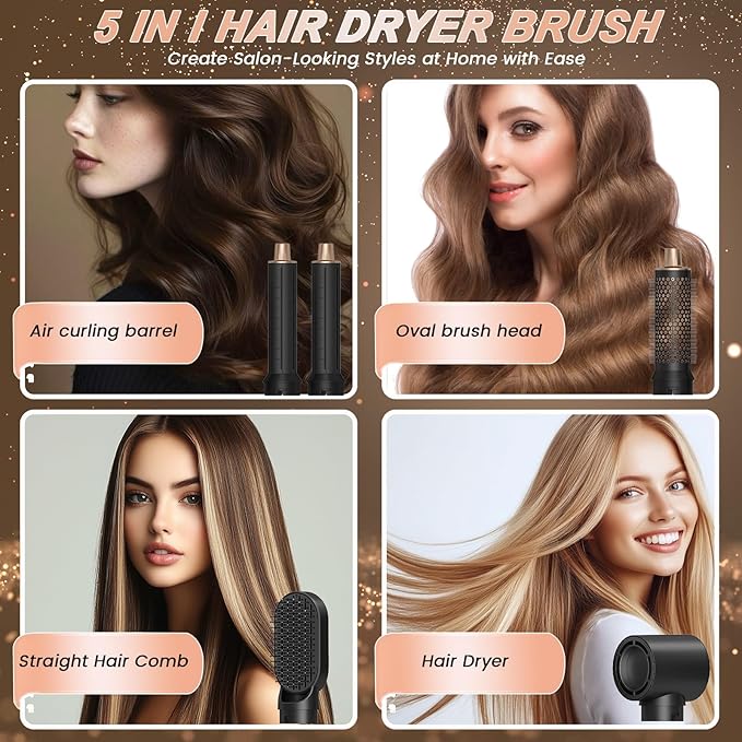 5 in 1 Hair Styler & Hot Air Brush - Air Curling Wrap with Low-Speed Negative Ion Technology, Hair Dryer Brush for Drying, Curling, Straightening & Styling, Hair Styling Tools at Home (Black)