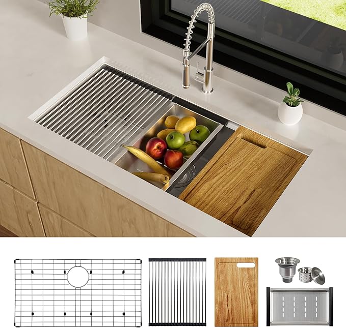 36 Inch Workstation Kitchen Sink, TECASA Undermount Deep Single Bowl, 16 Gauge by TECASA