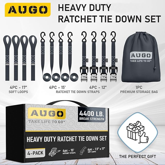 AUGO Heavy Duty Ratchet Straps & Soft Loops – Pack of 4 Extra Strong 1.5” by - Image 4