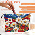 Cosmetic Bags Travel Makeup Toilet Case Waterproof Pouch for Women Girls 6.7X9.45inches - Stained - Glass Style Landscape With Daisies And Poppies